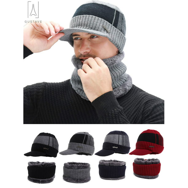 Fashion Men Winter Warm Hat Knit Visor Beanie Fleece Lined Beanie with Brim Cap